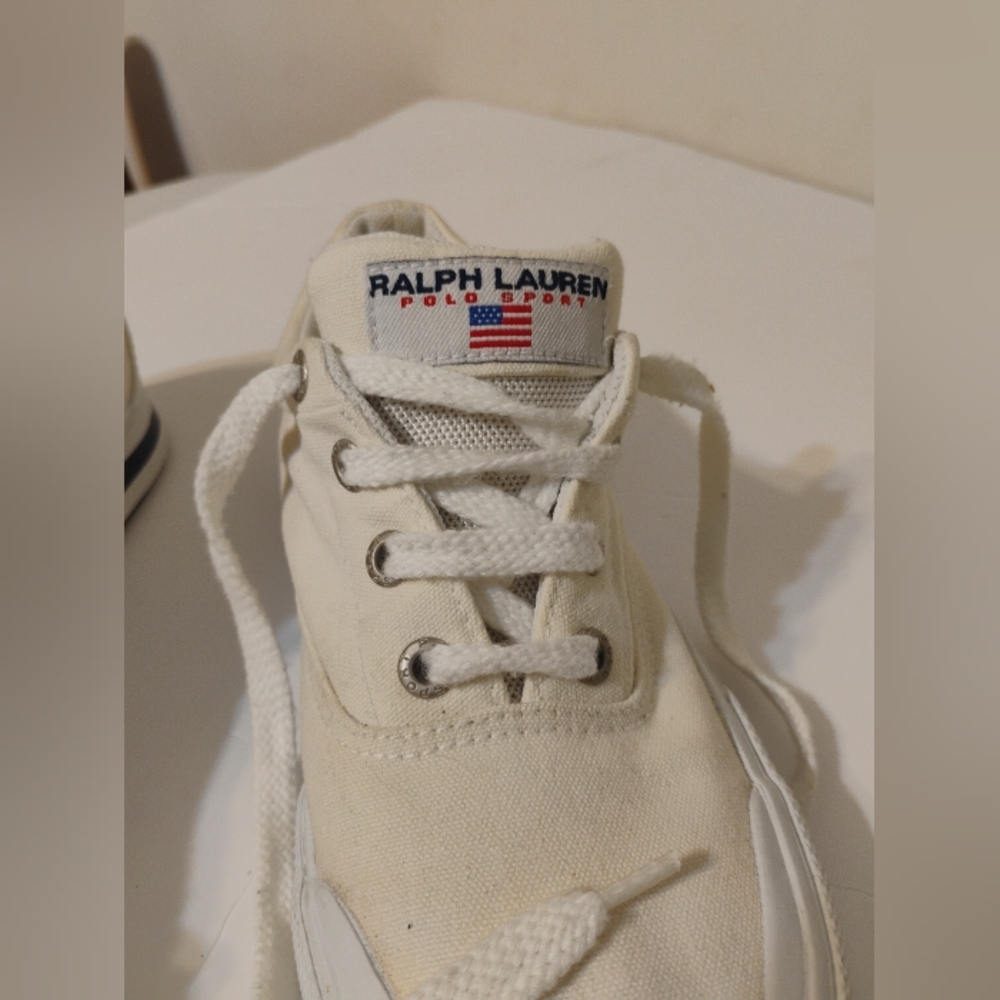 Polo Sport Ralph Lauren Canvas Shoes Size 7 1/2 Cream Spellout Deck Shoes - Picture 11 of 16